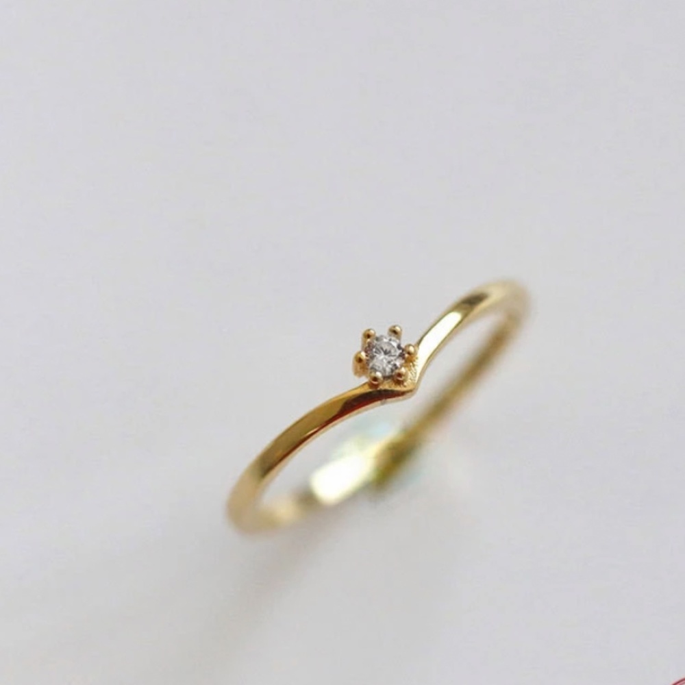 Sterling Silver "V" Shaped Stacking Gold Ring with Single Simulated Diamond